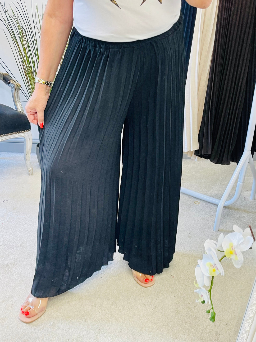 LADIES PLEATED WIDE LEG CULOTTE TROUSERS - BLACK, NAVY, BROWN, BEIGE