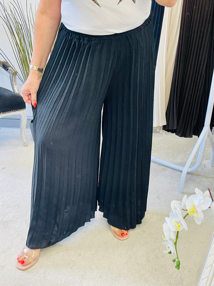 LADIES PLEATED WIDE LEG CULOTTE TROUSERS - BLACK, NAVY, BROWN, BEIGE