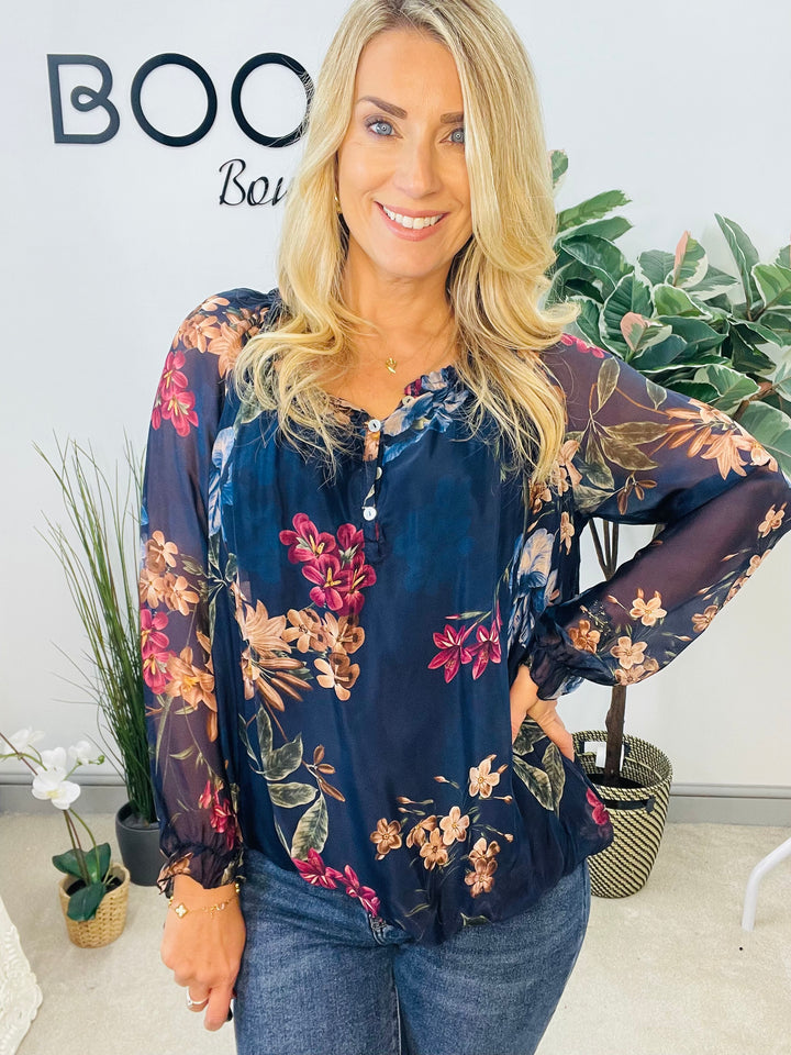 LADIES CHIFFON FLORAL PRINT BLOUSE - BROWN, NAVY, BLACK & WINE BURGUNDY