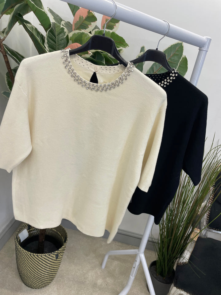 LADIES DIAMANTE NECK JUMPER - BLACK & CREAM
