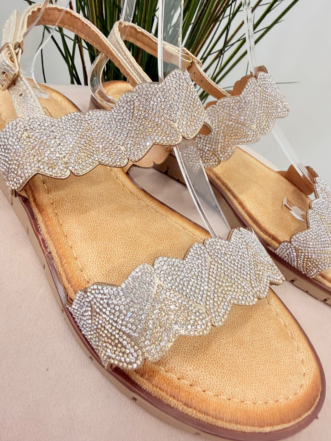 Ladies Diamante Two Strap Flatform Sandals - gold and silver