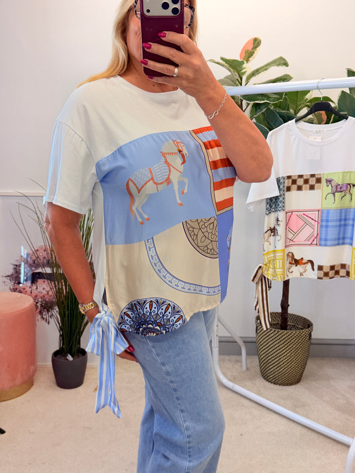 Ladies White Satin T Shirt - Pink & Blue