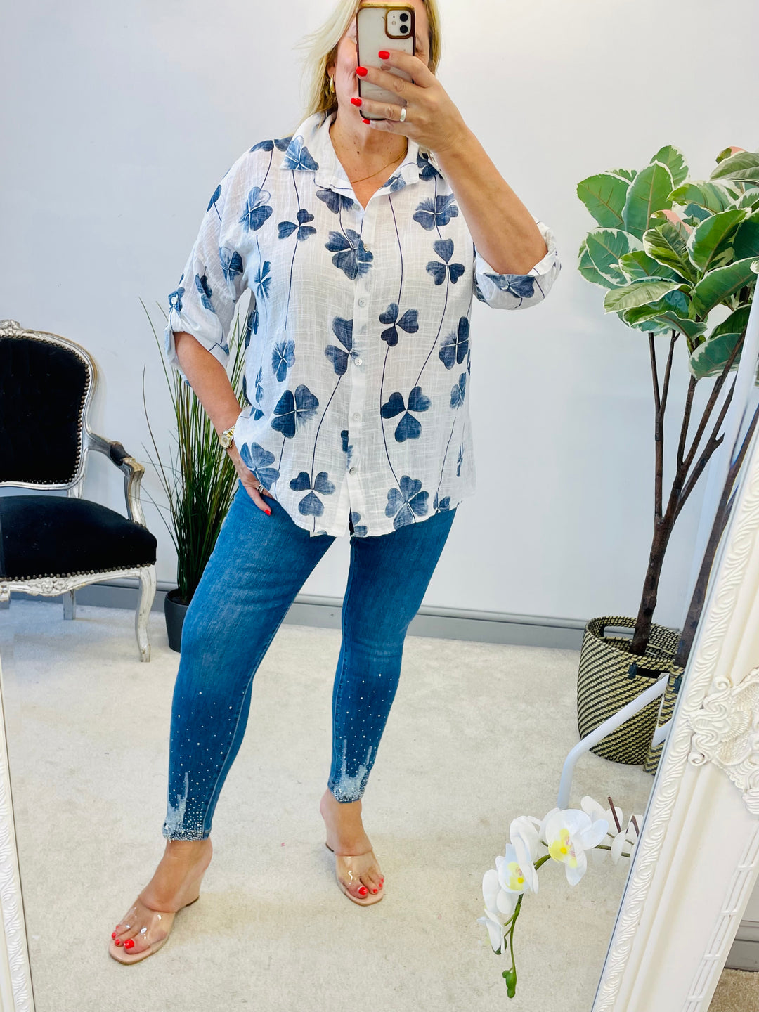 LADIES WHITE & NAVY LIGHT LINEN GRANDAD SUMMER TOP