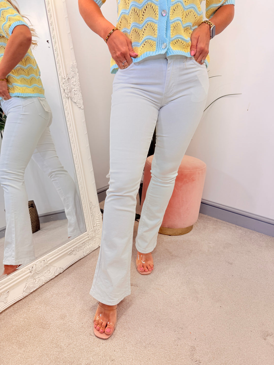 Ladies Fashion White Denim Kick Flare Jeans