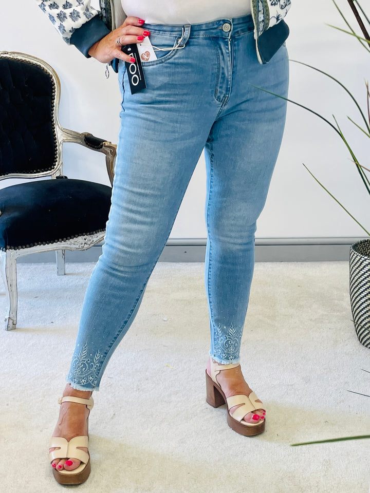 LADIES WOMENS BLUE DENIM SKINNY EMBELLISHED ANKLE JEANS