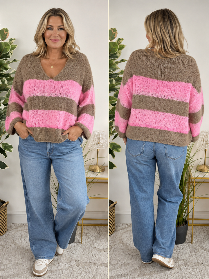 Ladies Fashion Stripe Slouch Chunky Knit Jumper - Mocha, Grey & Beige