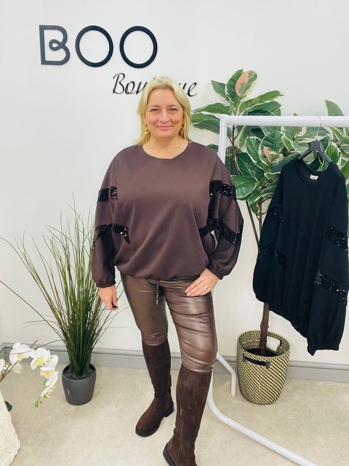 LADIES SCUBA SEQUIN SWEATSHIRT TOP - BLACK & BROWN