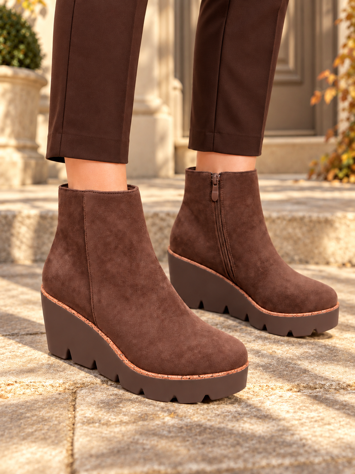 Chocolate Brown Faux Suede Wedge Heel Platform Ankle Boots ( 5067 )