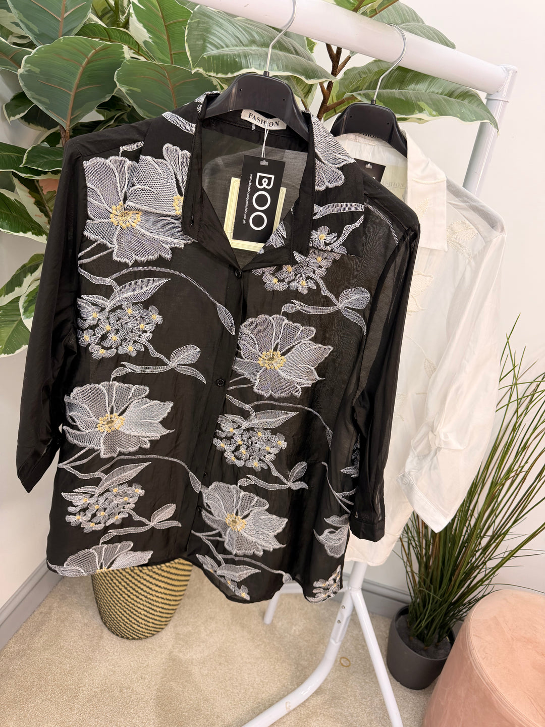 Ladies Sheer Embroidered Blouse - Black & White