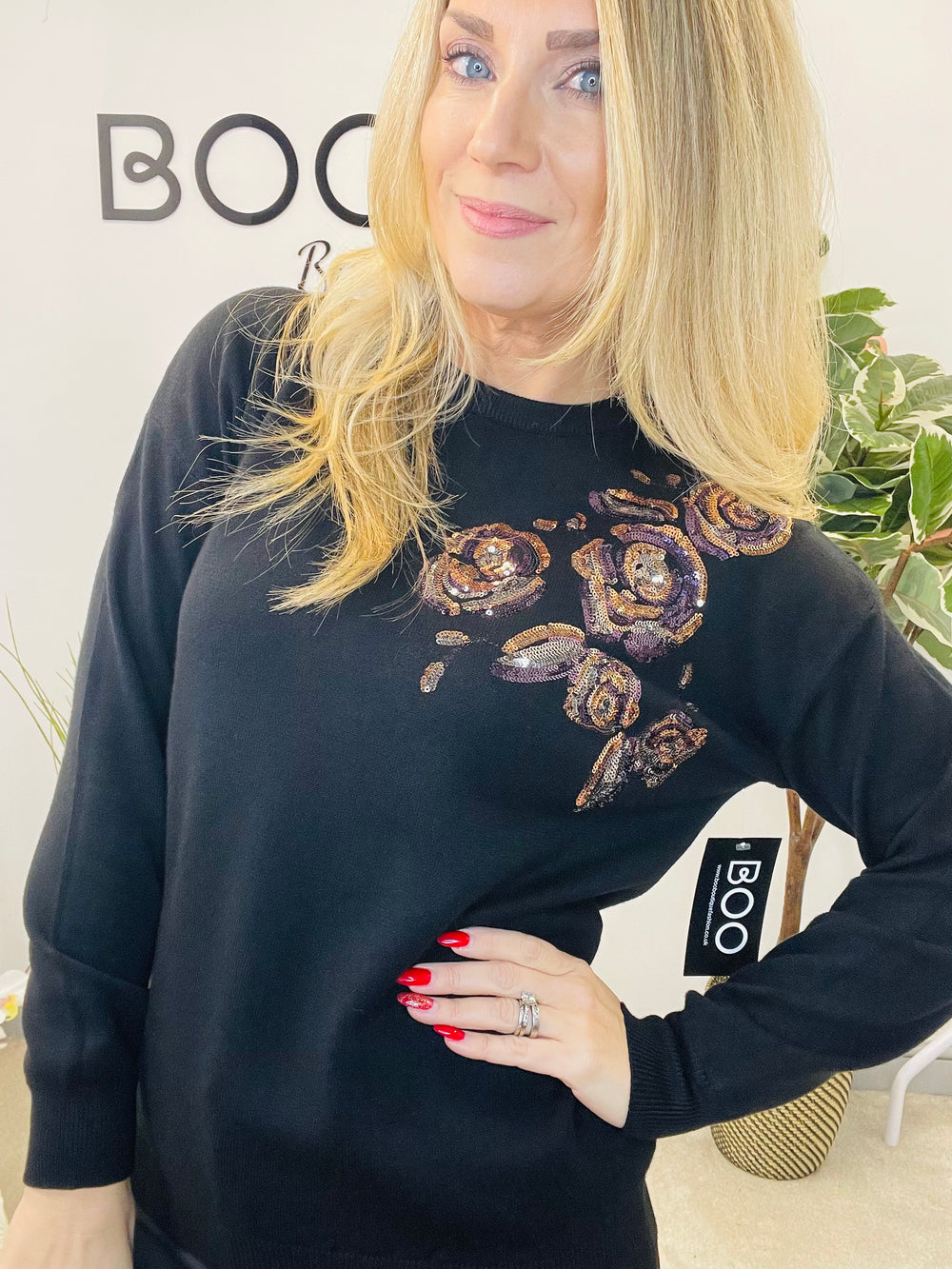 LADIES SEQUIN KNITTED JUMPER - BLACK, WHITE & GREY