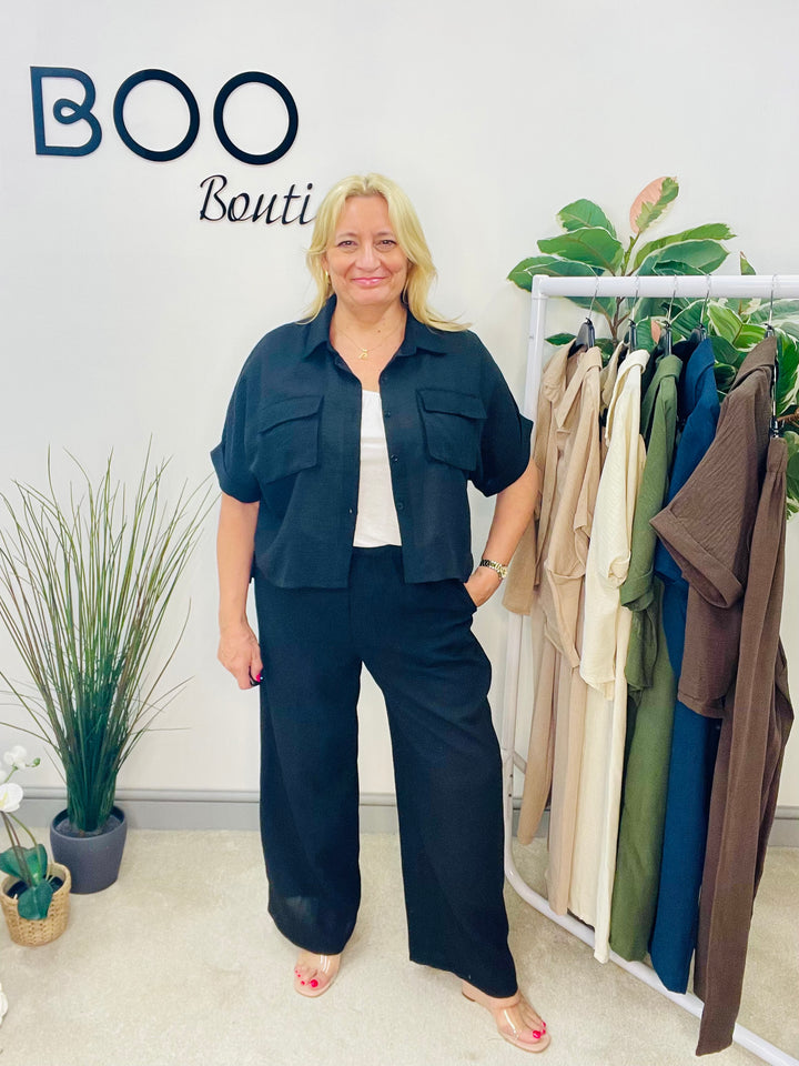 LADIES WIDE LEG TROUSER, CARGO TOP CO ORD SET - KHAKI, BLACK, BROWN, NAVY, CREAM, BEIGE