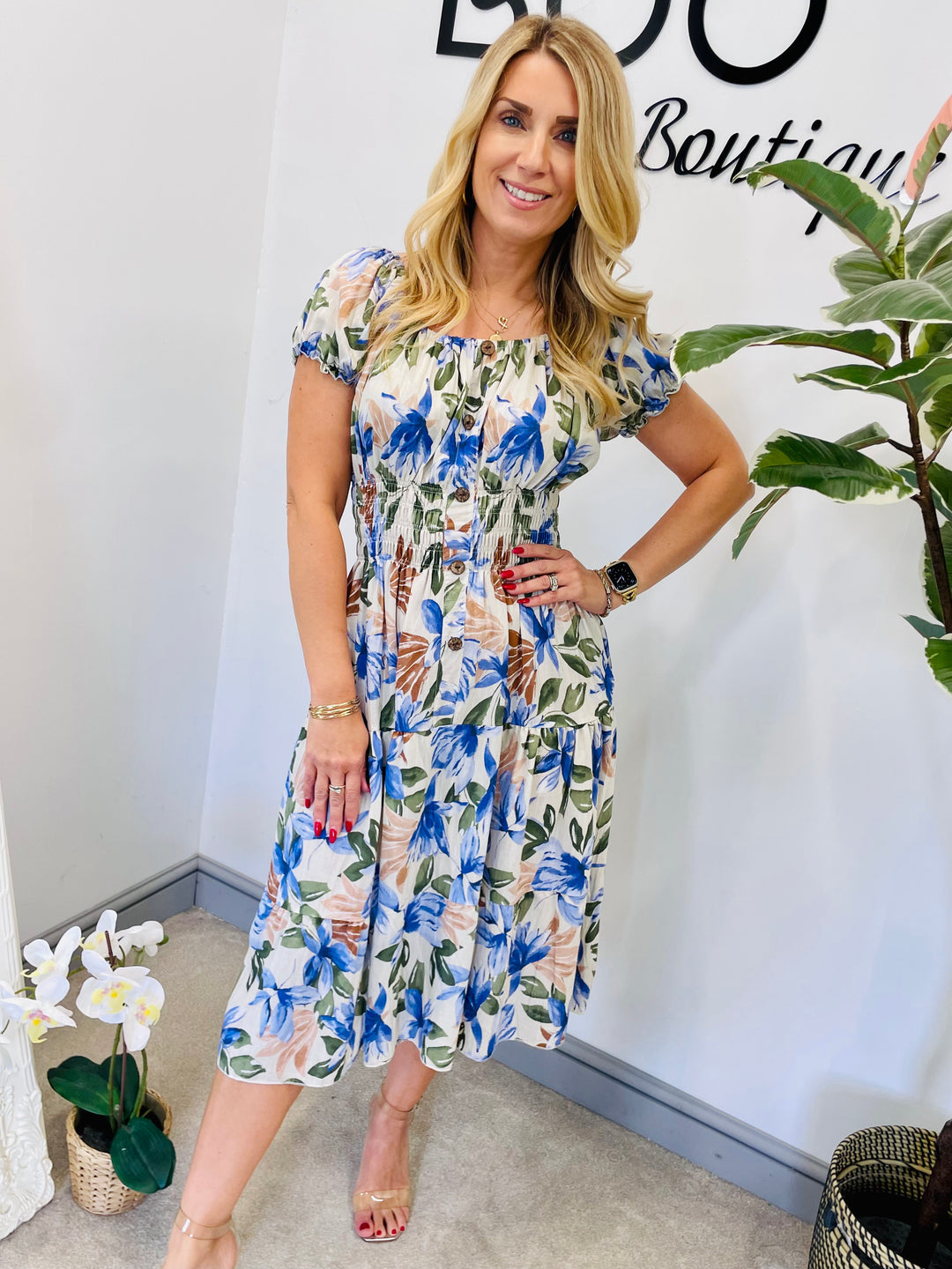 LADIES SUMMER FLORAL PRINT BARDOT MIDI DRESS - PINK & BLUE