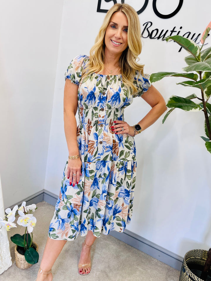 LADIES SUMMER FLORAL PRINT BARDOT MIDI DRESS - PINK & BLUE