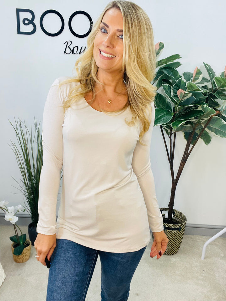 LADIES LONG SLEEVE BASIC TOP - WHITE, BLACK, NAVY, KHAKI, BROWN, GREY, BEIGE