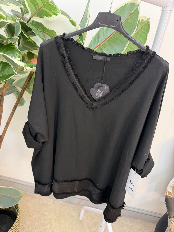 LADIES FASHION V NECK CASUAL TOP - BLACK, WHITE & LEMON