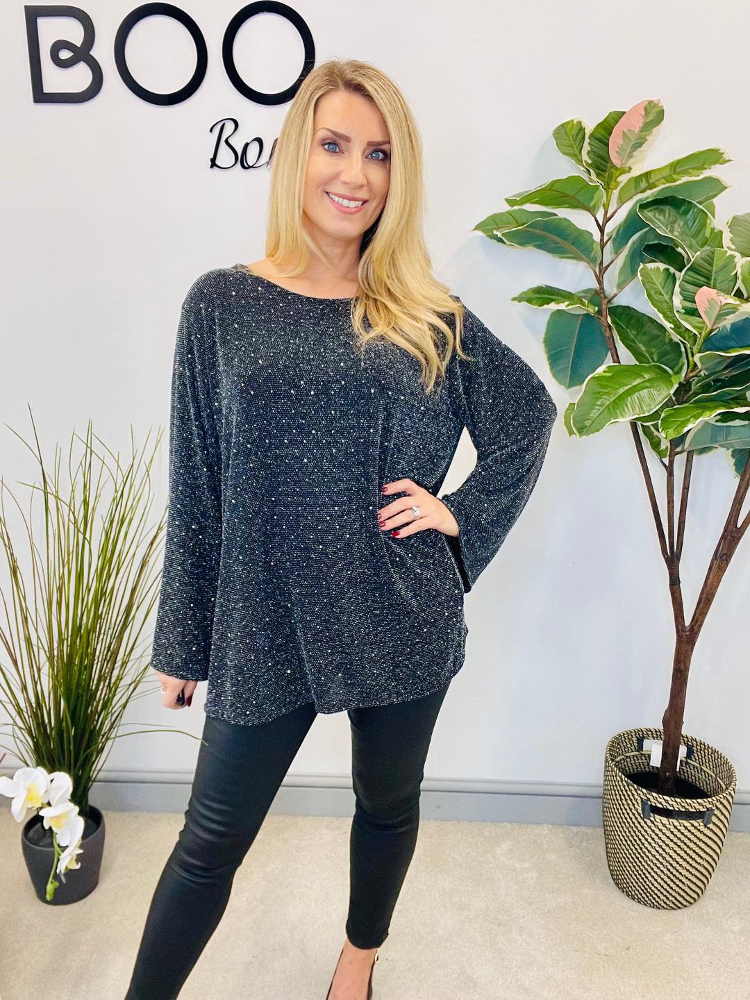 LADIES LUREX FLOATY BOW BACK TOP - BLACK, SILVER, GOLD, RED