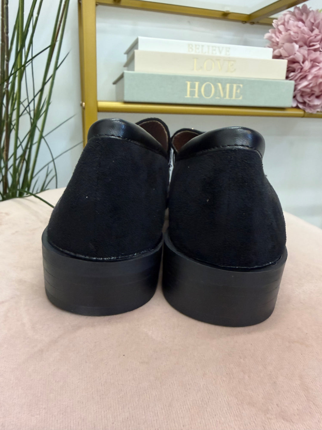Ladies Fashion Black Faux Suede Flat Loafer Shoes 