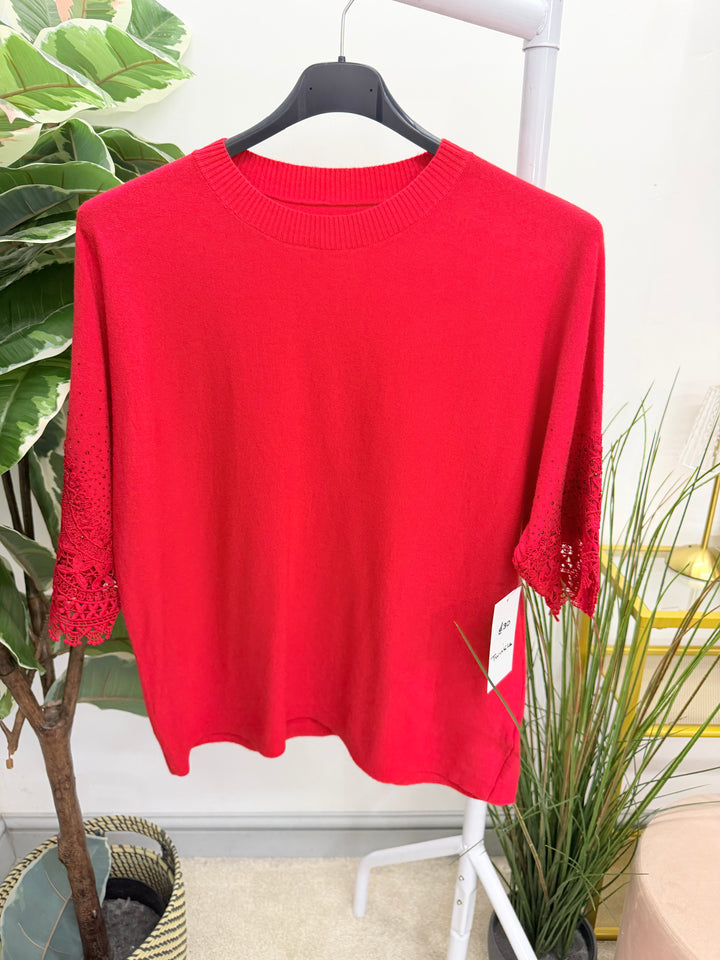 Ladies Diamante & Lace Short Sleeve Jumper - Black, Cream & Red