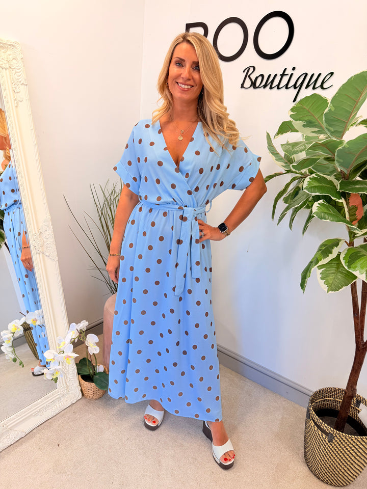 Ladies Polka Dot Wrap Midi Dress - Navy, Cream, Pink, Lemon & Pale Blue
