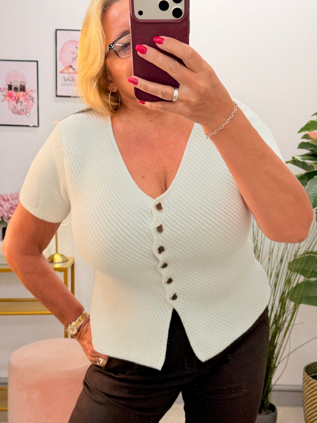 Ladies Fashion Waffle Knit Short Sleeve Cardigan - White & Brown