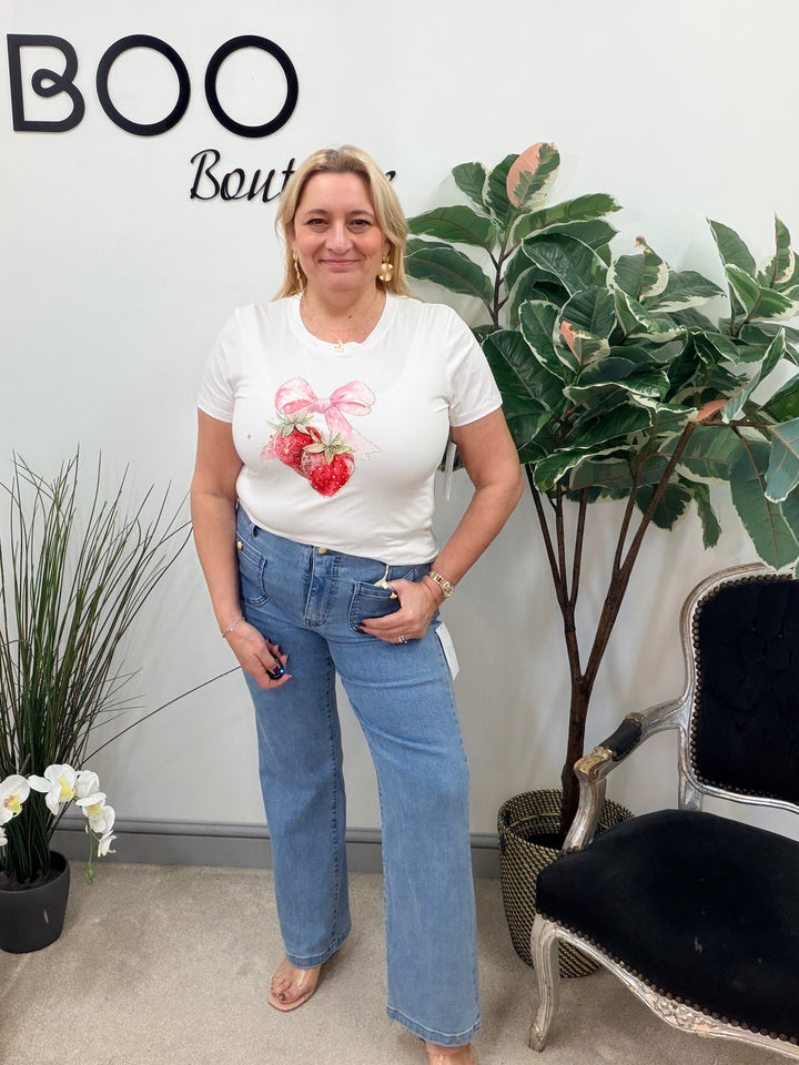 LADIES WHITE STRAWBERRY LOGO STRETCH T SHIRT