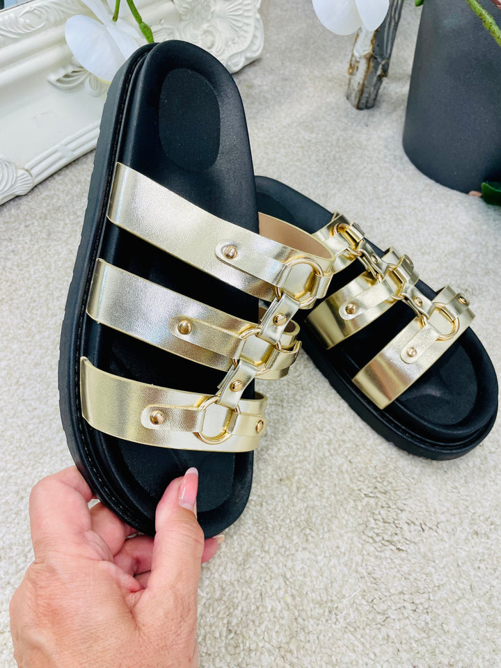 LADIES FLAT FOOTBED BUCKLE SLIDER SUMMER SANDALS - GOLD & NUDE