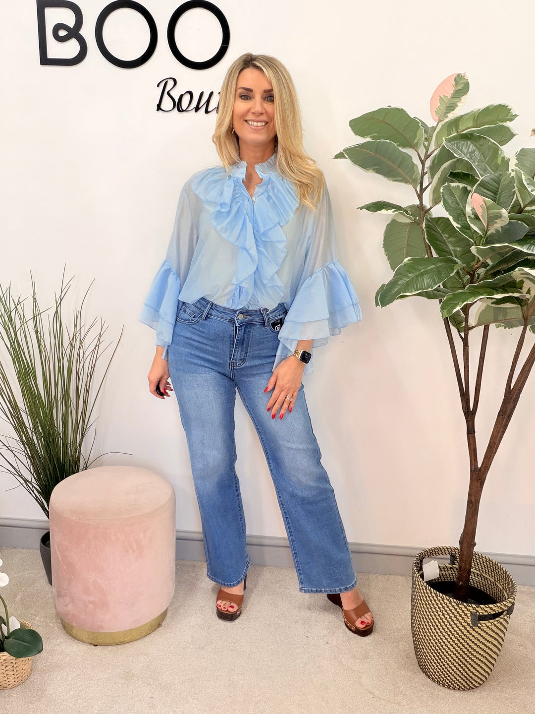 Ladies Fashion Sheer Ruffle Front Blouse Top - white, pink, blue, sage, lemon