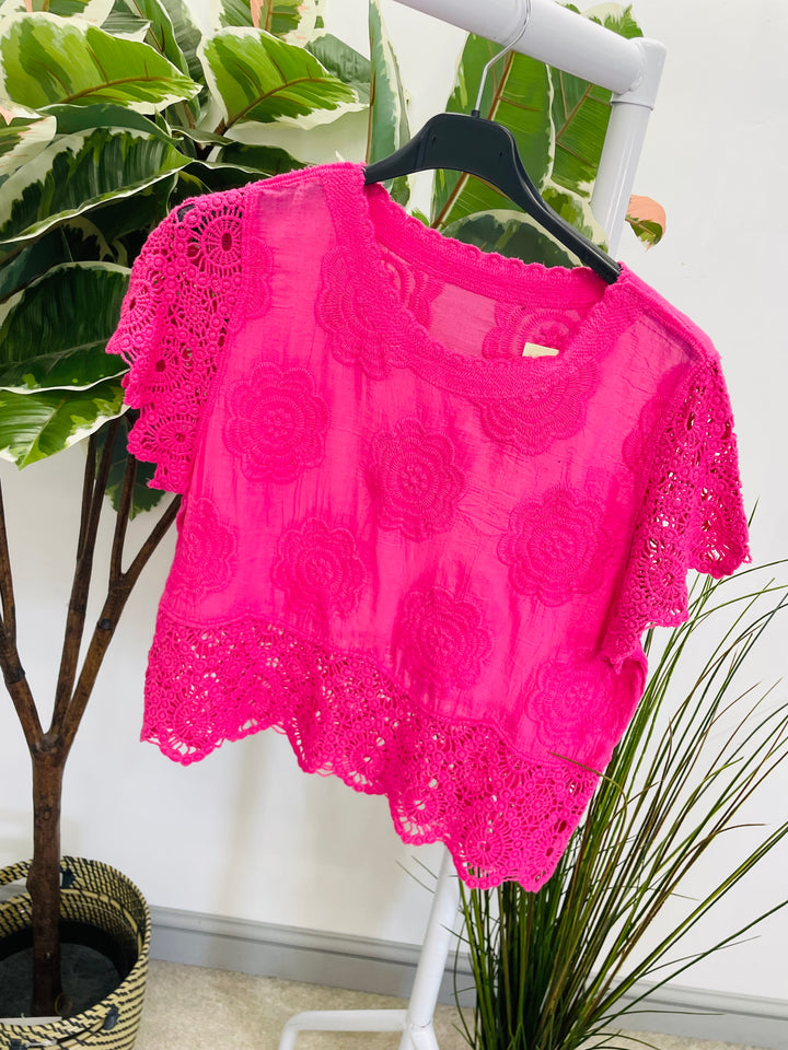 LADIES LACE CROCHET SUMMER TOP - WHITE, TURQUOISE, PINK
