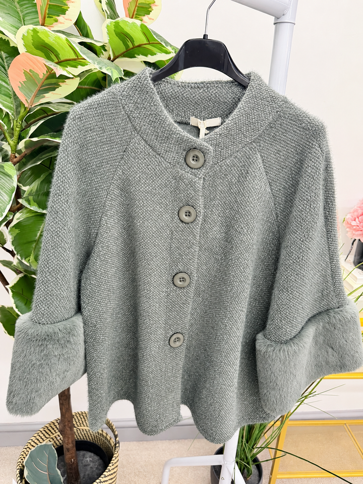 Women's chenille faux fur cuff cape jacket - black, cream, khaki & brown