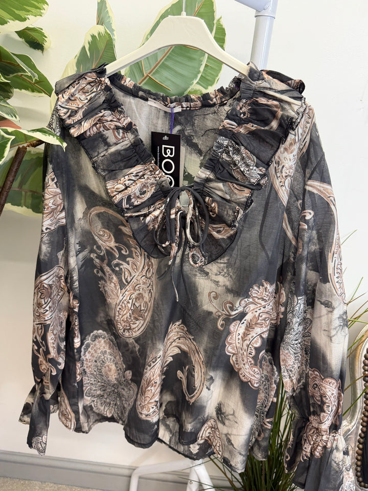 LADIES COTTON PAISLEY PRINT FLOATY BLOUSE - PINK, BEIGE, BLUE, BLACK, MOCHA