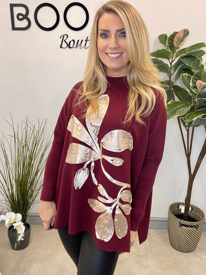 LADIES OVERSIZE LOOSE FIT JUMPER SWEATER WINE BERRY