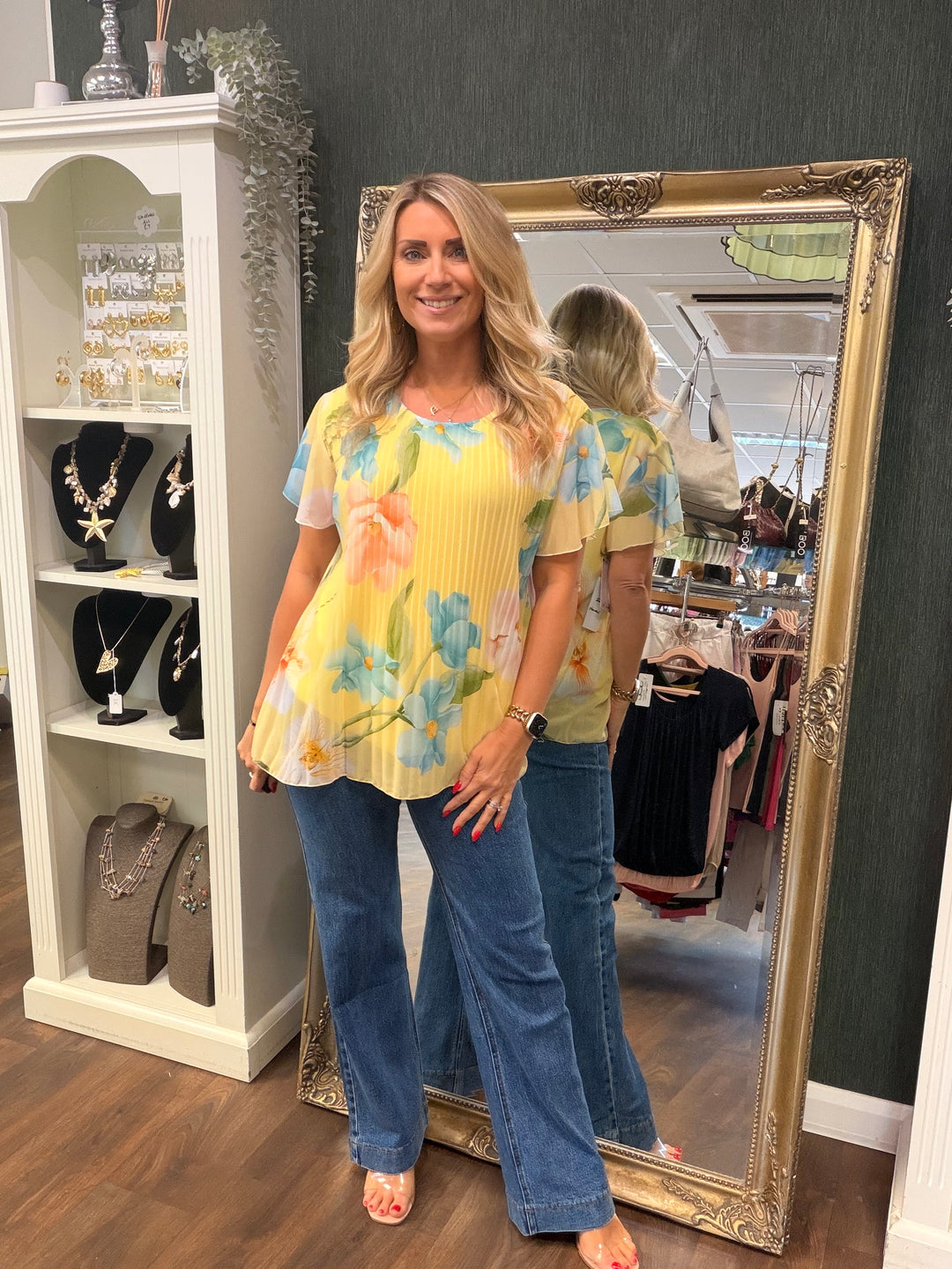 Ladies Pleated Floral Print Chiffon Top - Black, Cream, Blue, Lemon, Pink, Navy, Brown