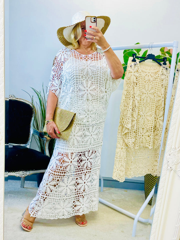 LADIES CROCHET SUMMER HOLIDAY SKIRT & TOP CO ORD SET - WHITE & BEIGE