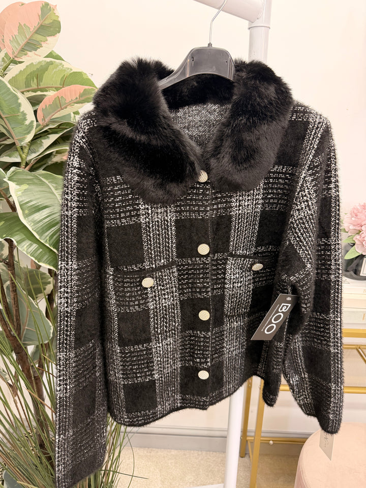 Ladies Fashion Fluffy Faux Fur Collar Cardigan Jacket - White, Black & Beige