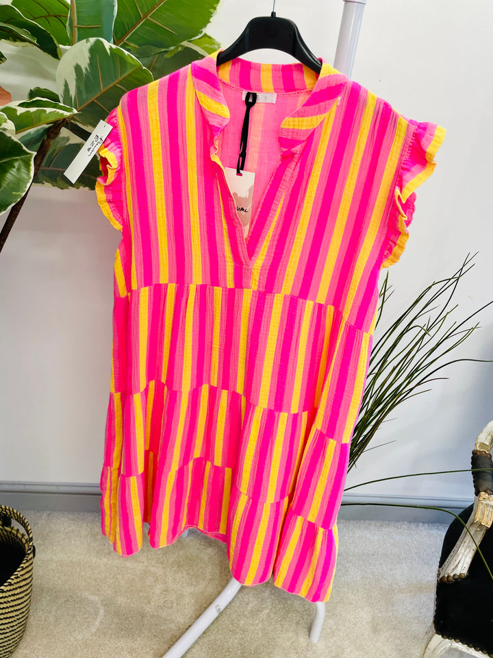 LADIES STRIPE SWING SMOCK SUMMER MIDI DRESS - PINK & WHITE