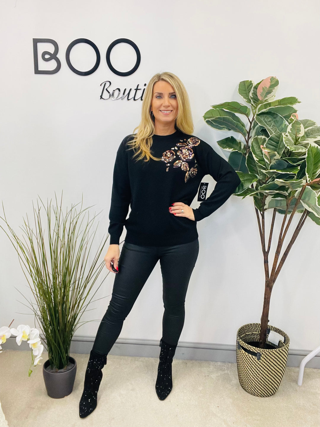 LADIES SEQUIN KNITTED JUMPER - BLACK, WHITE & GREY