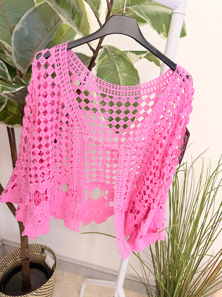 Ladies Fashion Crochet Bolero Cardigan fuschia pink