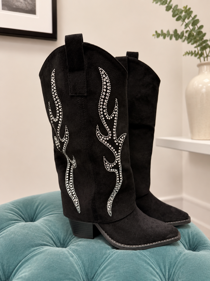 Black Faux Suede Cowboy Boots ( 10198 )