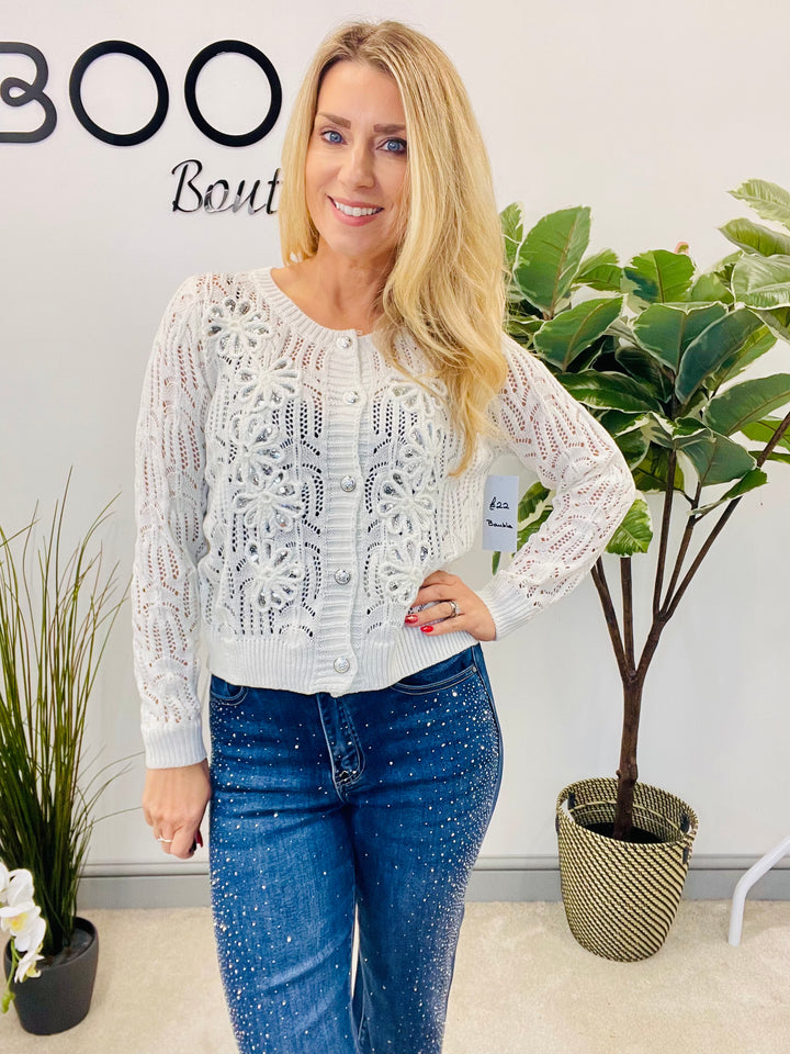 LADIES CROCHET SEQUIN CARDIGAN JUMPER - BLACK & WHITE