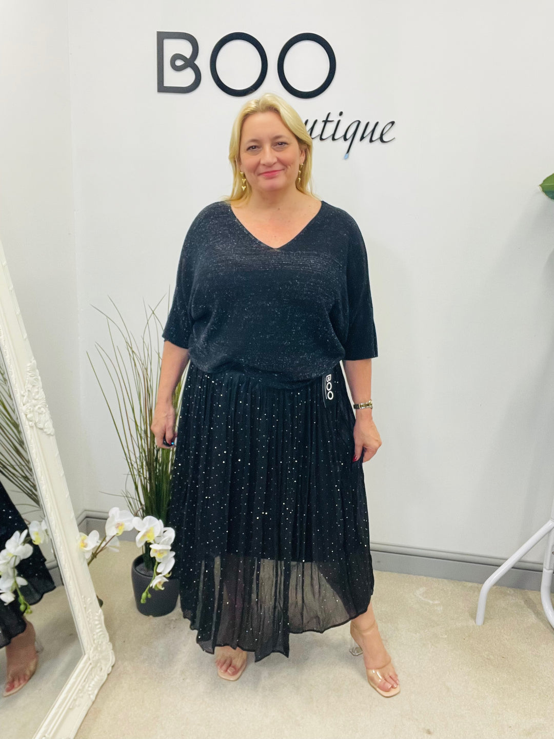 LADIES BLACK NET DIAMANTE MIDI FAIRY SKIRT