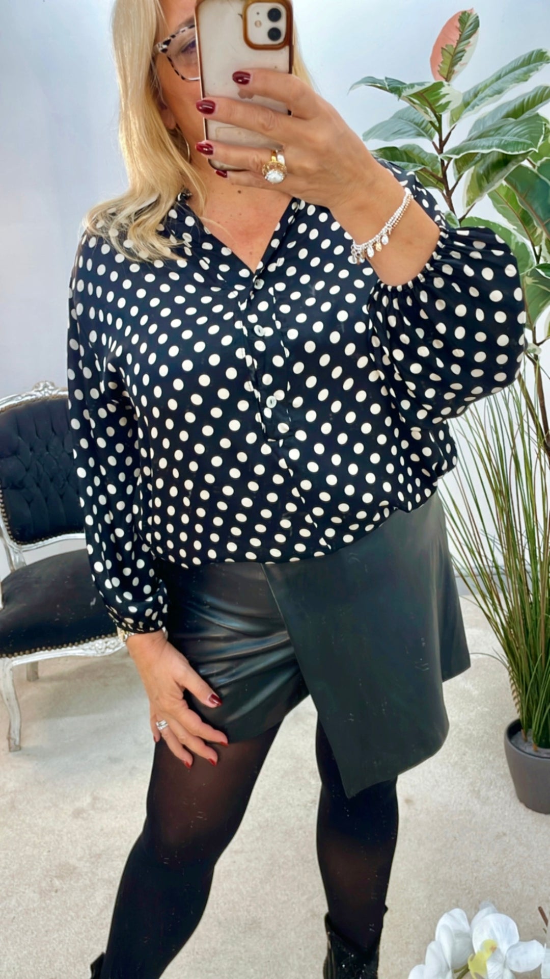 LADIES POLKA DOT SATIN BLOUSE SHIRT - NAVY, BROWN & BLACK