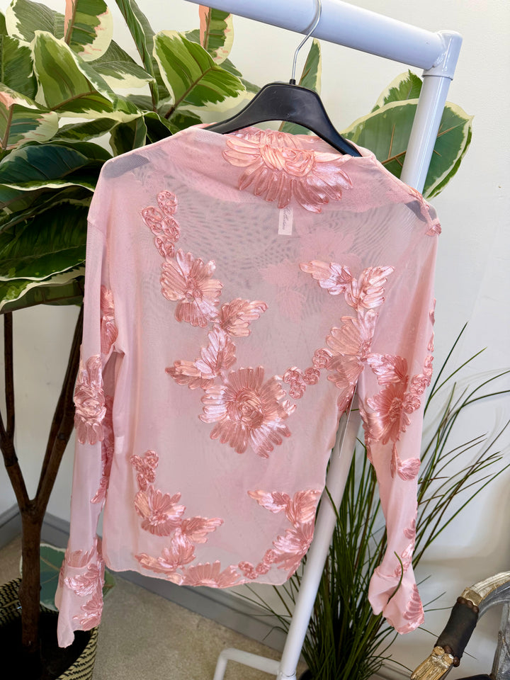 LADIES SHEER LACY TOP - BLUE, BLACK, WHITE, PINK & BROWN