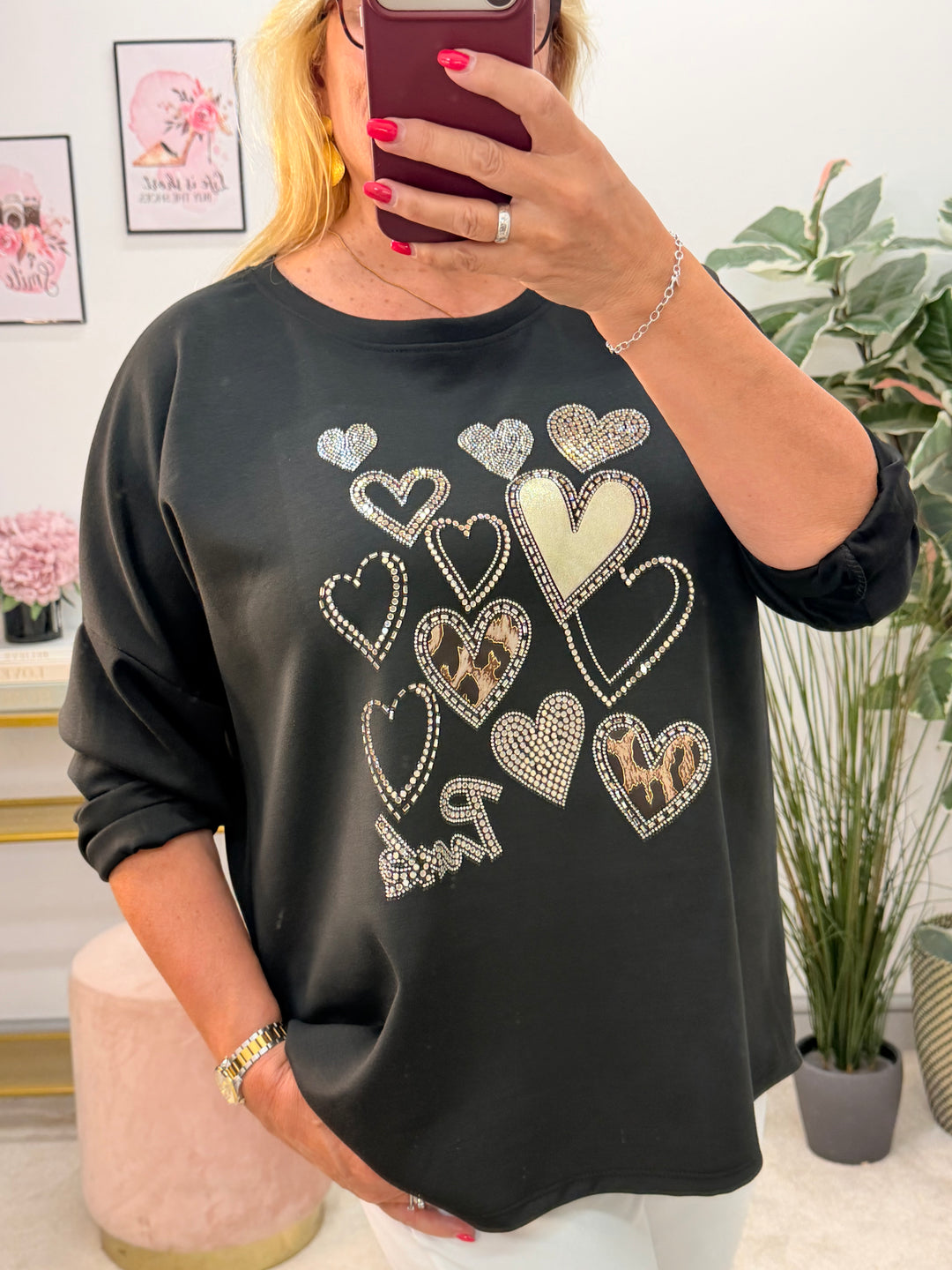 Ladies Fashion Scuba Sweatshirt Diamante Top - Black, White & Brown