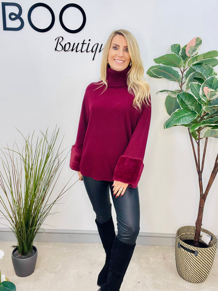 LADIES KNITTED FAUX FUR CUFF JUMPER - BURGUNDY, GREY, BLACK, BROWN, BEIGE, CAMEL
