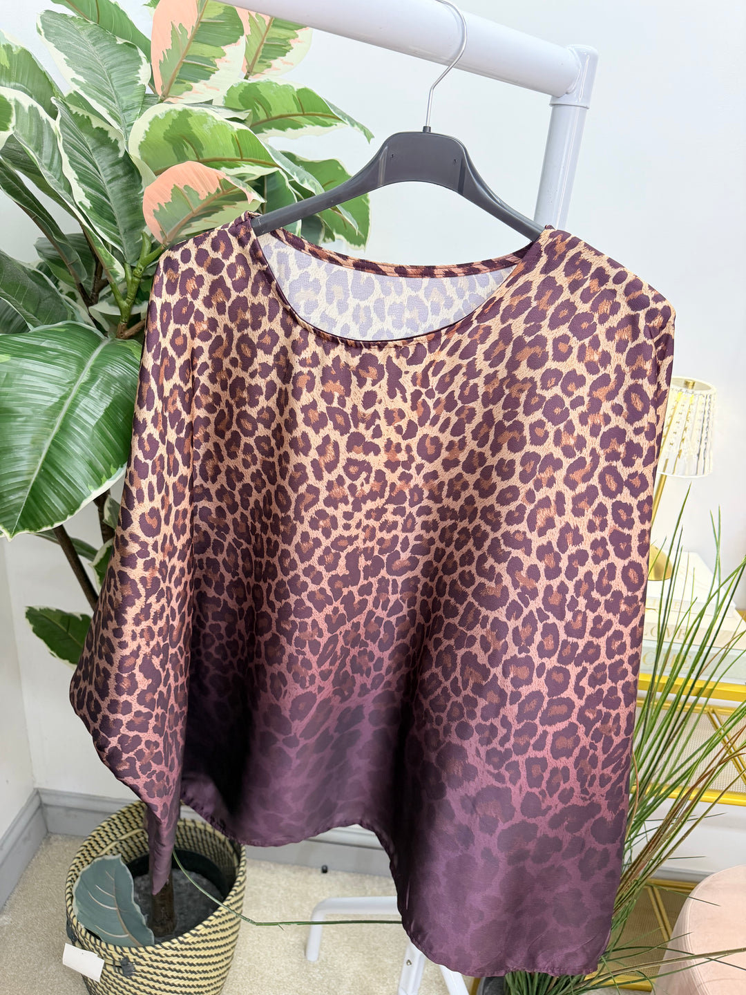 Womens Animal Print Oversize Loose Fit Floaty Blouse Top - Burgundy & Grey