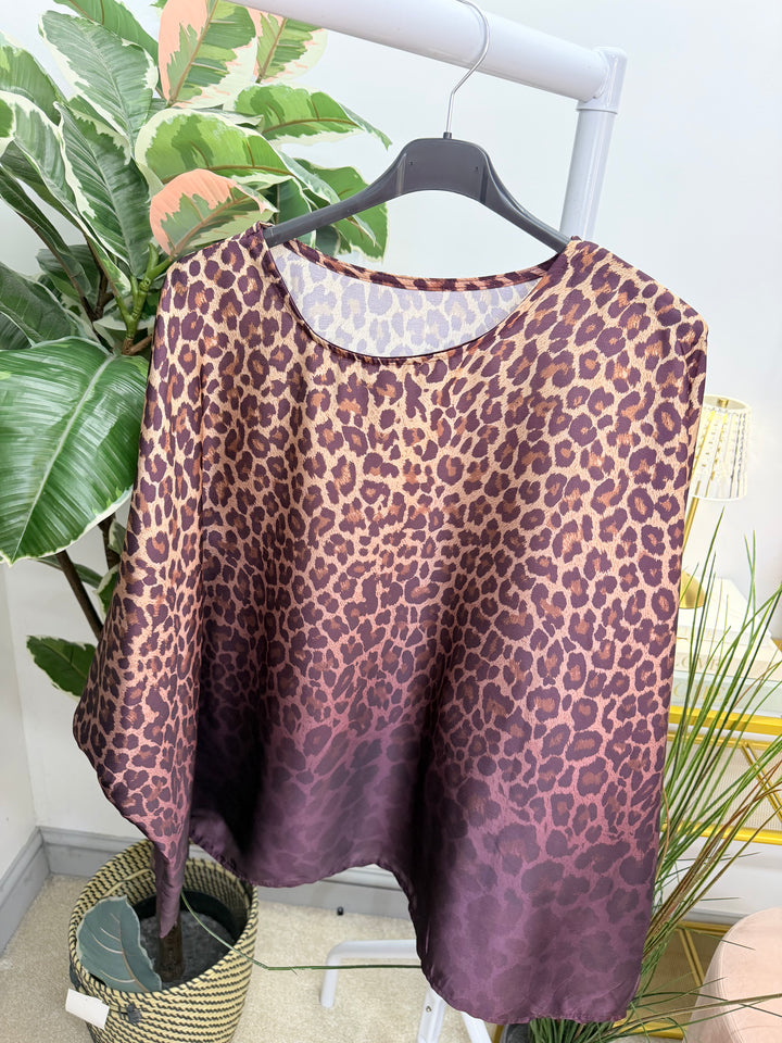 Womens Animal Print Oversize Loose Fit Floaty Blouse Top - Burgundy & Grey