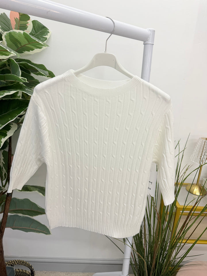 Ladies Inspired Cable Knit Short Sleeve Jumper - Blue, White, Wine, Camel, Brown