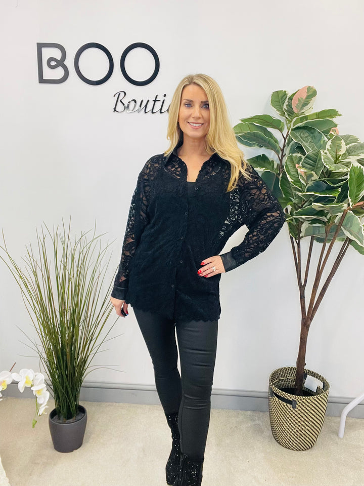 LADIES SHEER LACE BLOUSE SHIRT - BROWN, BLACK & BERRY