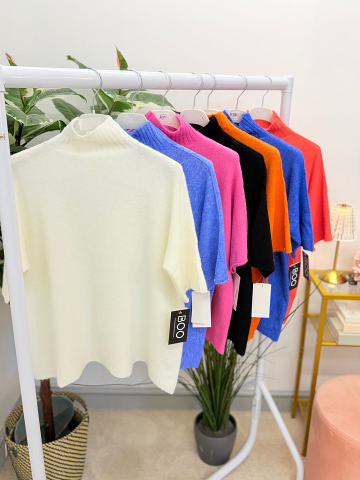 Ladies Fashion High Neck Soft Knit Short Sleeve Jumper