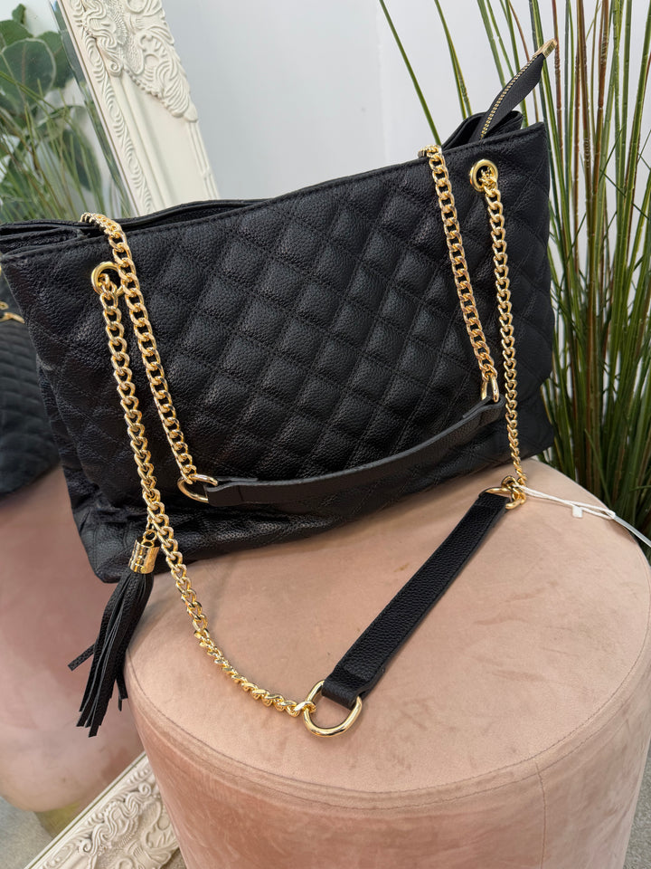 Ladies Fashion Inspired Quilted Chain Strap Tote Bag - black, beige & brown